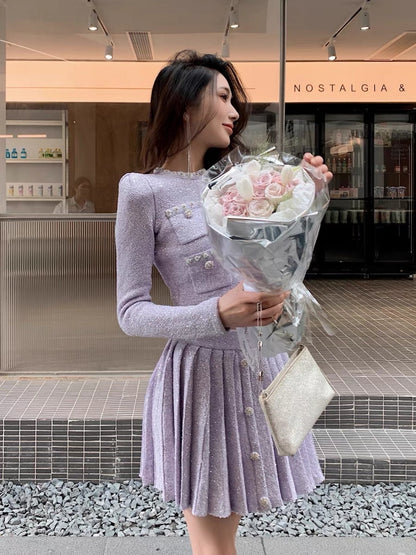 Autumn clothing is paired with a set of French gentle commuting purple sequined cardigan pleated skirt suit the same style as female stars