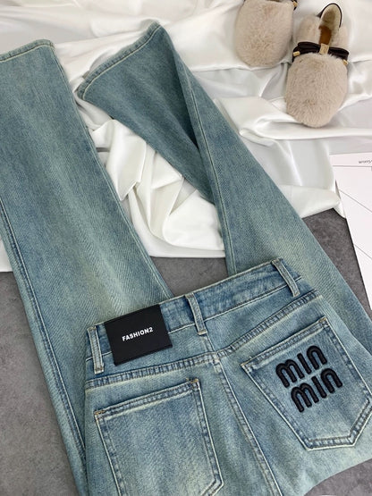 2024 spring new style high-waisted slimming loose light-colored straight pants embroidered letters narrow stretch jeans for women
