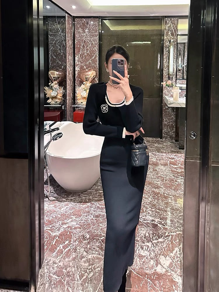 BETTER LS Xiaoxiangfeng knitted suit skirt for women autumn long-sleeved cardigan coat suspender dress two-piece set (D0987)