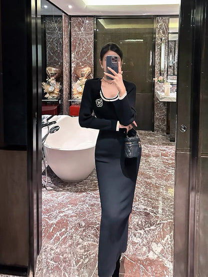 BETTER LS Xiaoxiangfeng knitted suit skirt for women autumn long-sleeved cardigan coat suspender dress two-piece set (D0987)