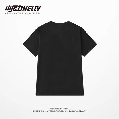 Skull ins Japanese street style round neck printed short-sleeved T-shirt men's trendy brand loose casual cotton five-quarter sleeve TEE