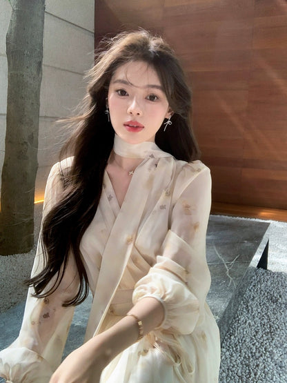 ByYou spring new high-end tea break ribbon v-neck yellow floral dress with waist and puff sleeves long skirt