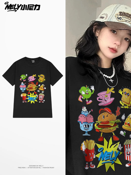 American cartoon cat print round neck short sleeve men and women summer 2025 couple pure cotton t-shirt half sleeve bottoming shirt trend