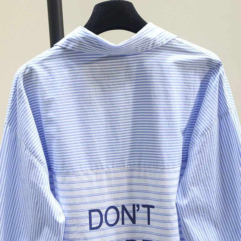 Light blue splicing striped shirt women 2024 spring and autumn new lazy style loose casual mid-length shirt top