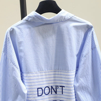 Light blue splicing striped shirt women 2024 spring and autumn new lazy style loose casual mid-length shirt top