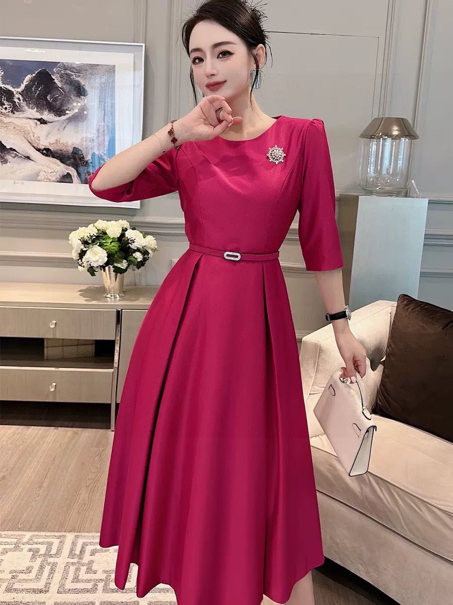 2023 Spring and Autumn French Style Mid-Length Fashionable Rose Red Elegant Red Dress with Waist and Swing Swing