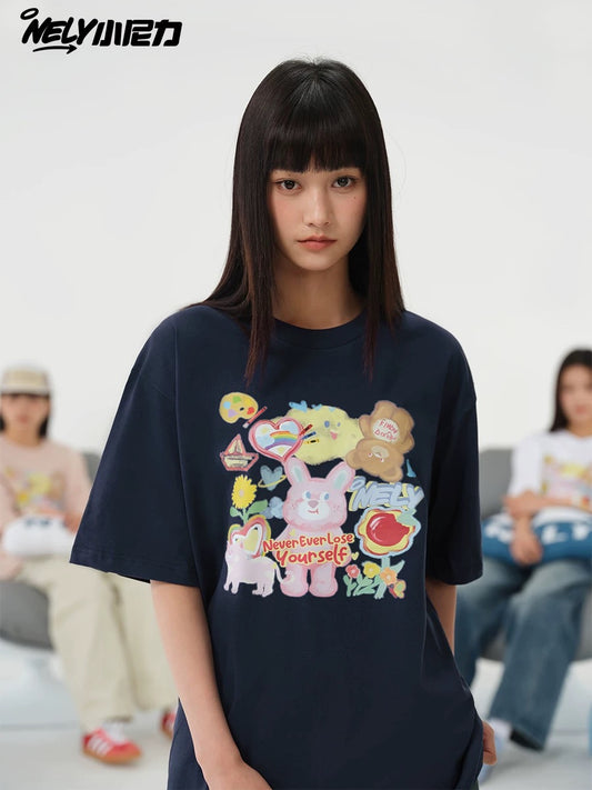 American cartoon cat print round neck short sleeve men and women summer 2025 couple pure cotton t-shirt half sleeve bottoming shirt trend