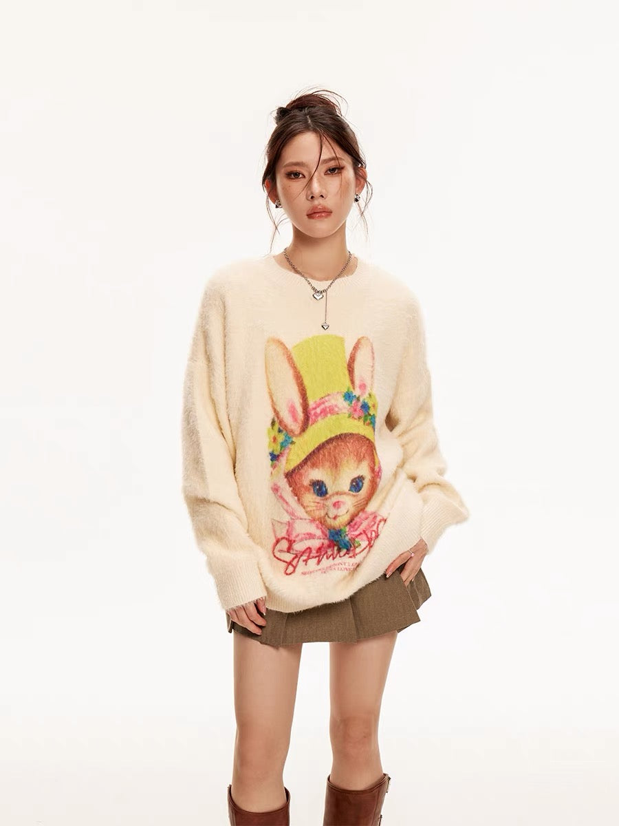 Sanowers cute cartoon rabbit print imitation rabbit velvet sweater women's new autumn loose lazy style knitted top (S0559)