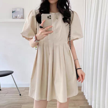 Korean chic summer simple temperament round neck pleated waist slim lantern sleeve A-line dress skirt female