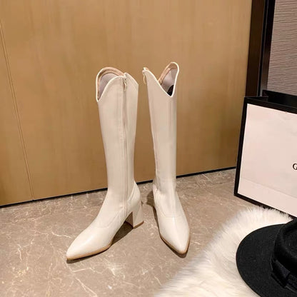 Boots women's 2023 autumn and winter new pointed toe temperament v-mouth thick heel high boots lady but knee fashion boots