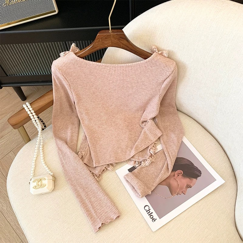 Pure Desire French Lace Pink Knitwear Women's Autumn and Winter Short Irregular Irregular Bottoming Shirt for Women