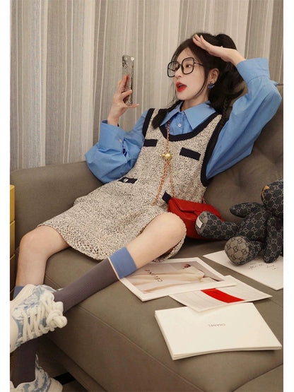 Dopamine autumn wear sweet shirt top small fragrance vest dress two-piece suit female lively age reduction