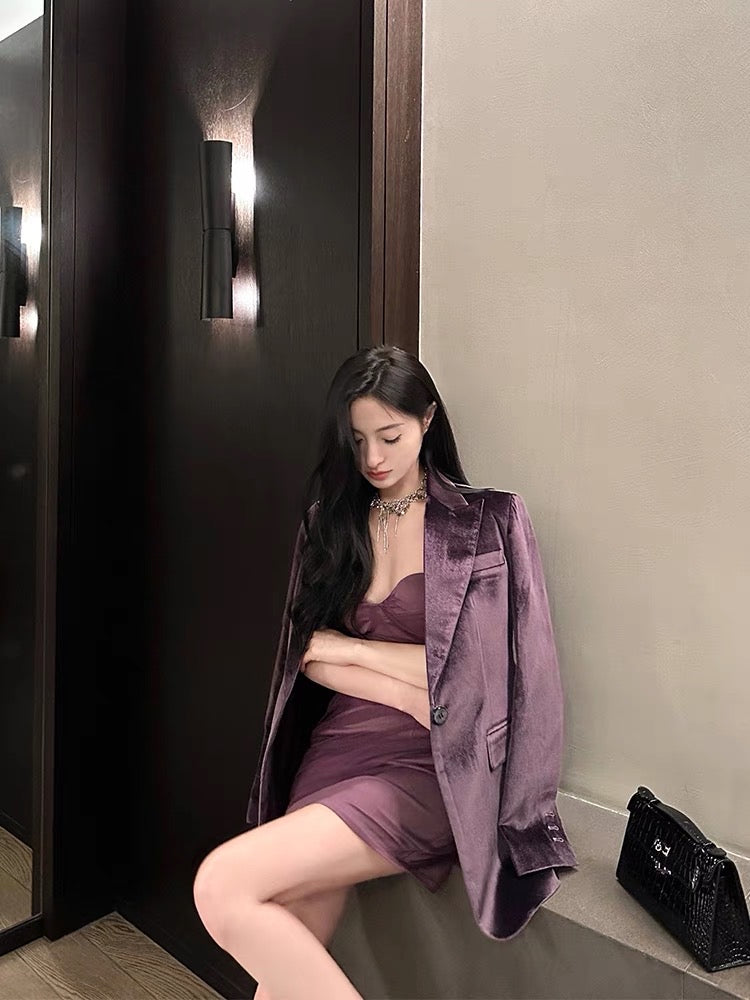 For Fay cold smoked purple velvet blazer high-end Hong Kong style retro casual top for women