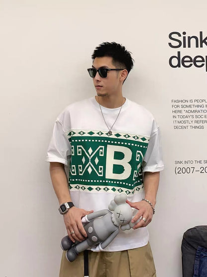 Xu Tailang contrast color Fair Isle printed short-sleeved T-shirt men's summer trendy brand plus size men's quarter-sleeved T-shirt top