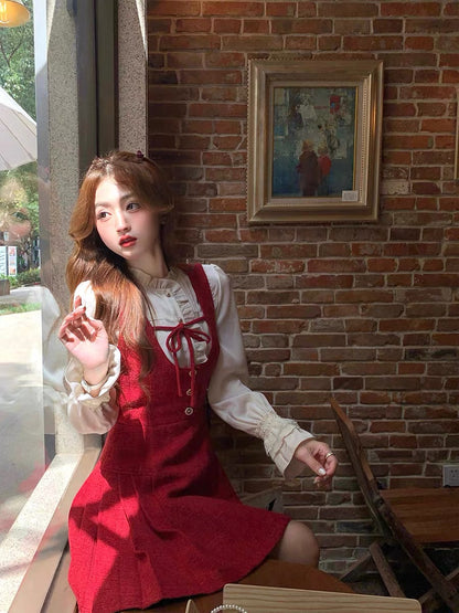 Q Girl's Black Tea Rum/Red Brushed Small Fragrance Style Suspender Dress Autumn and Winter French Retro Short Skirt