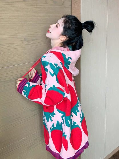 Hooded Red Strawberry Sweater Women's 2023 Autumn and Winter New Tops Loose Outerwear Knitwear Thickened Korean Style T2385