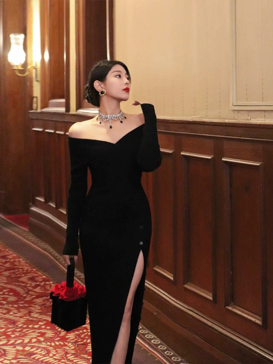 Thirteen and Little Black Knitted Dress Women's Autumn and Winter One Shoulder Slit Slim Fit French Long Dress