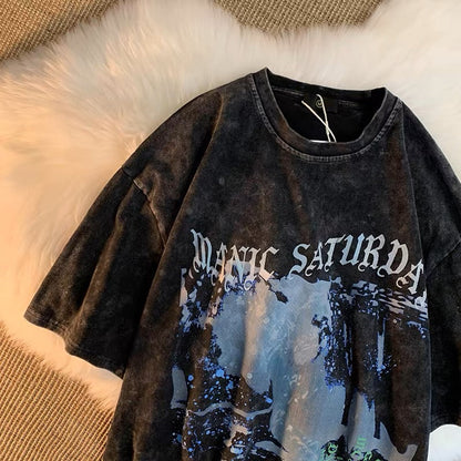 Trendy brand American retro round neck t-shirt oversize2023 summer new style graffiti print loose short-sleeved for men and women (S0625)