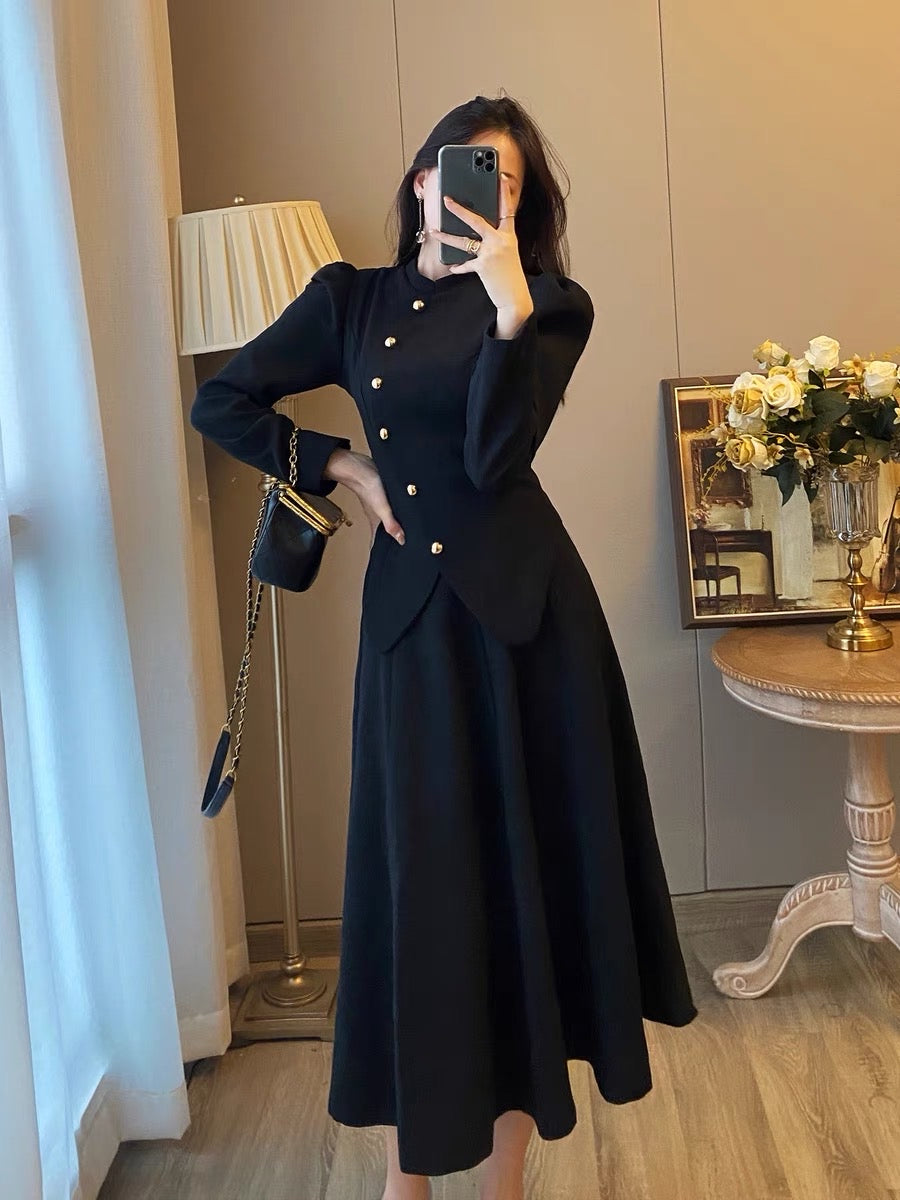 Xiaoxiang style temperament two-piece suit women's autumn clothes new foreign style French retro Hepburn style black dress long skirt