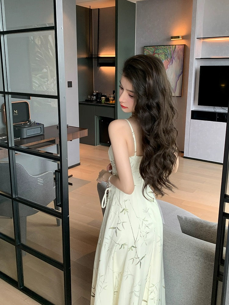 Deng Liuliu printed satin suspender dress women's summer draping waist to show figure design new Chinese style long skirt