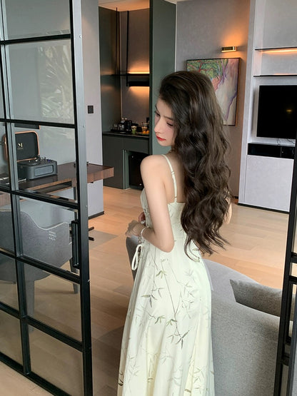 Deng Liuliu printed satin suspender dress women's summer draping waist to show figure design new Chinese style long skirt