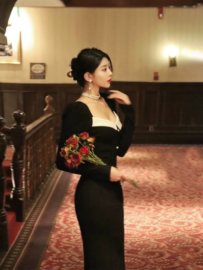 Thirteen and Little French Hepburn style dress for women autumn and winter square neck slit slim fit black knitted skirt