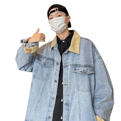 Oversize stitching contrasting denim jacket men's spring and autumn loose retro trend Xiaonili casual jacket bf style