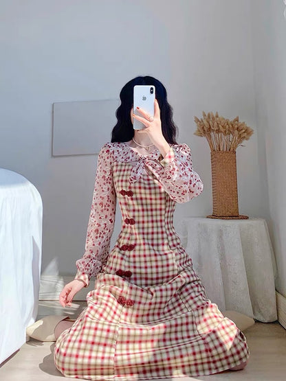 Autumn 2023 new women's skirt French niche design plaid improved cheongsam temperament long-sleeved dress