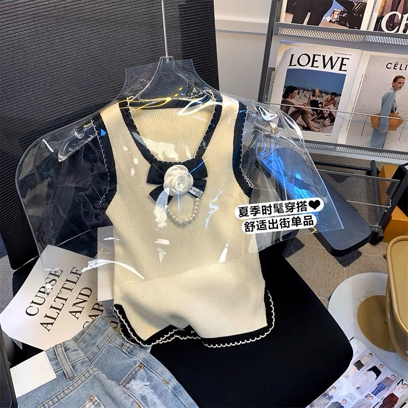 Small fragrant wind three-dimensional bow flower camisole female 2023 summer French sleeveless knitted top outerwear