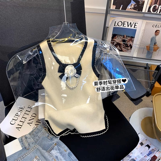 Small fragrant wind three-dimensional bow flower camisole female 2023 summer French sleeveless knitted top outerwear