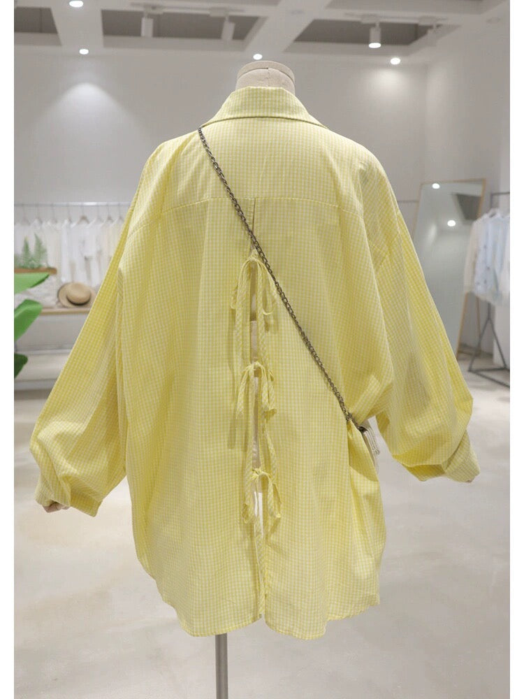 Back hollow bow tie design 2024 summer loose medium and long fine plaid thin long-sleeved shirt for women