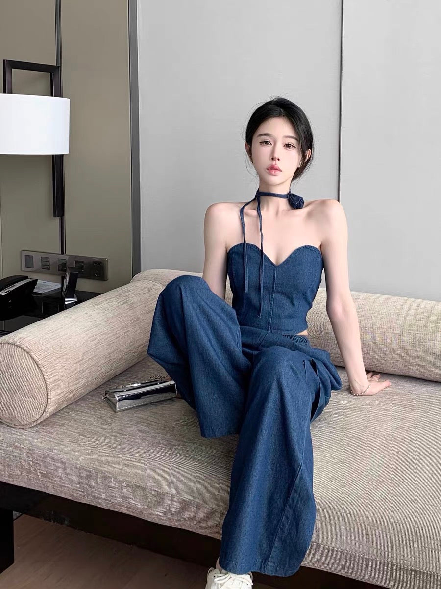 Fried street suit female summer pure desire hot girl tube top suspender top + tooling casual wide-leg pants handsome two-piece set