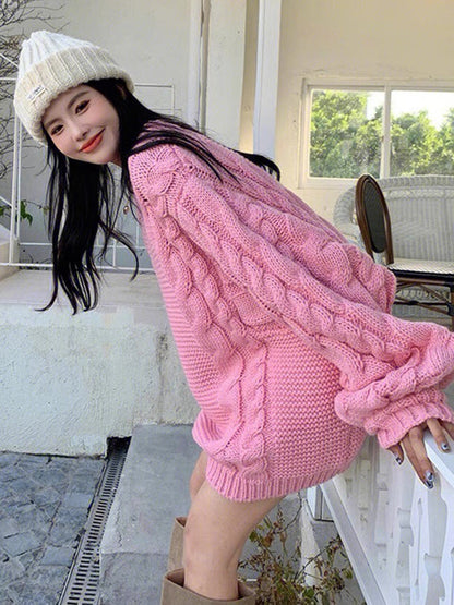 Pink soft and glutinous twist sweater for women autumn and winter 2023 new Korean style gentle mid-length lazy style sweater V1145