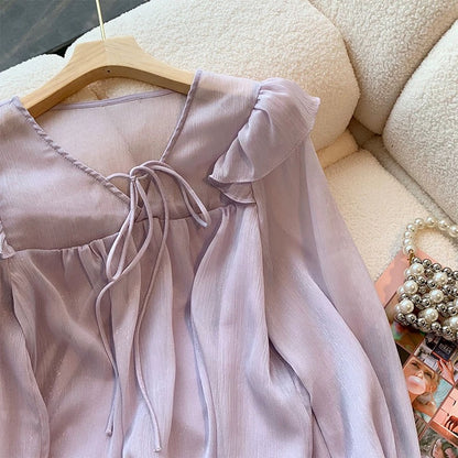 Cut label women's clothing authentic tail goods luxury big-name purple chiffon shirt women's summer 2023 new sweet loose top