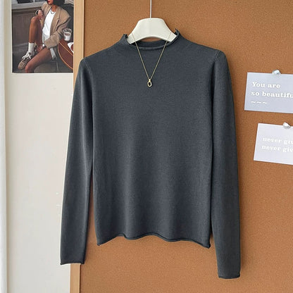 Retro soft and sticky cashmere rolled-edge turtleneck knit sweater for women, autumn and winter, gentle and versatile layering base layer top.