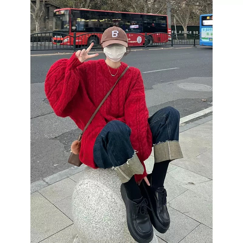 Christmas red twist warm long-sleeved knitted sweater for women in the year of birth, winter loose slimming lazy style pullover top T9590