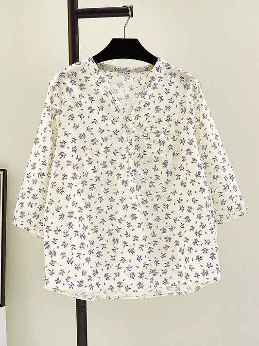 Hanli Korean style fresh floral print commuting slim V-neck loose drape Korean style shirt women's summer shirt top