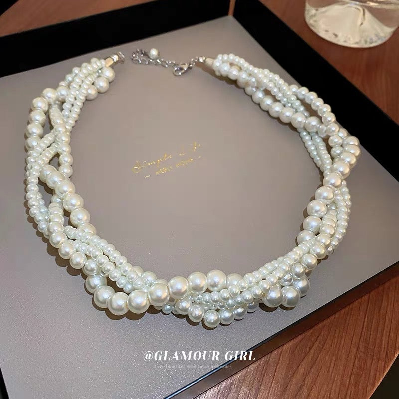 French retro pearl multi-layer necklace fashion personality temperament neck chain clavicle chain design sense twist winding necklace