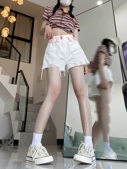 American hot girl style jeans for women in summer for small people, raw edge drawstring shorts, high waist slimming hot pants, straight pants