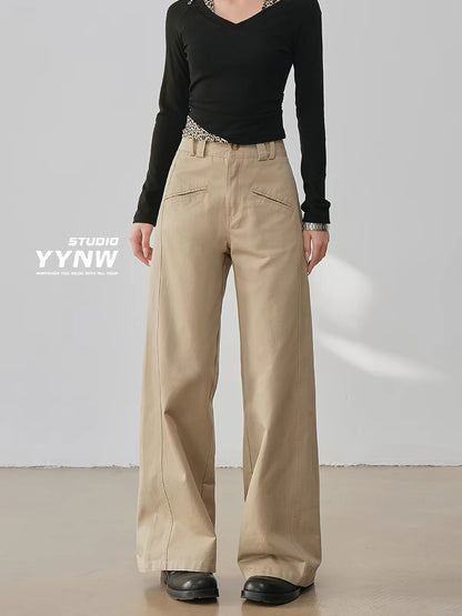 Women's 2026 New High-Waisted Slimming Casual Trousers – Pure Cotton Khaki, Straight-Leg Wide-Cut Utility Style (Petite-Friendly)