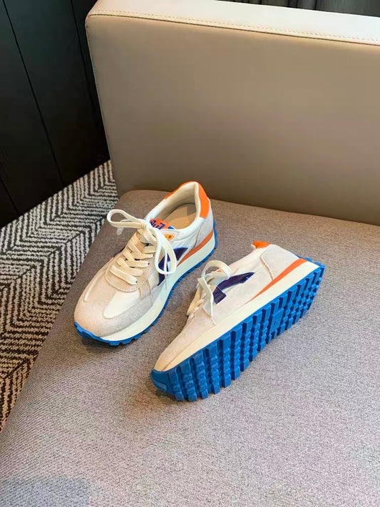 Sports shoes for women 2023 new Korean style lace-up versatile color-blocked genuine leather comfortable breathable thick-soled casual running shoes