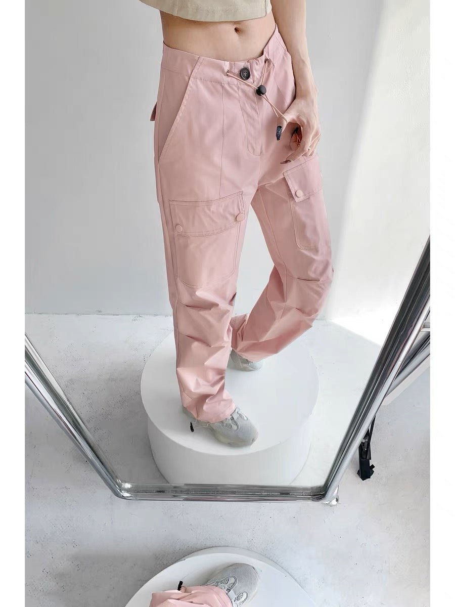 Yuppie hotties walking the streets low-waist drawstring pink overalls for women ins trendy loose American leg-tie straight wide-leg pants