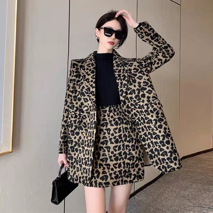 2023 Spring and Autumn New Hong Kong Style Suit Suit Women's Retro Chic Temperament Leopard Print Dress Professional Two-piece Set