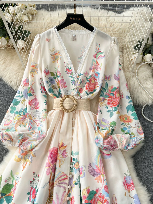 French court style dress for women with sweet lace V-neck buttoned slim fit long design printed dress