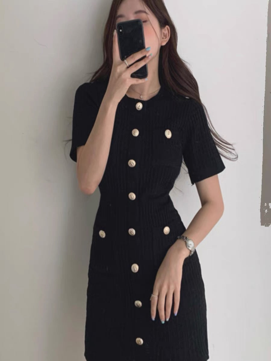 Korean chic summer women's clothing retro niche round neck contrasting color design slim hip hip skirt knitted dress for women