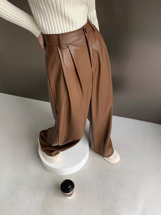 PAPERLLL Xinjian autumn and winter new soft high-waisted silhouette leather pants wide-leg pants for women European and American straight trousers (B4417)