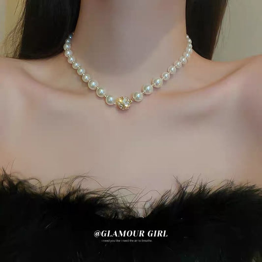 French retro pearl small ball diamond necklace fashion niche design sense necklace clavicle chain exaggerated necklace female