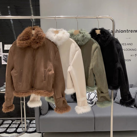 Fur all-in-one motorcycle jacket short style Korean style imitation deerskin velvet zipper warm stylish jacket for women