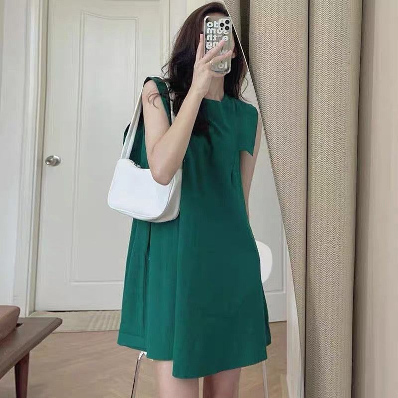 Korean chic summer minimalism niche round neck stitching design sense sleeveless A-line dress skirt female