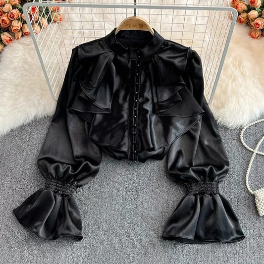 Palace style retro temperament trumpet sleeve stand collar acetate satin shirt French design feeling western style loose top women